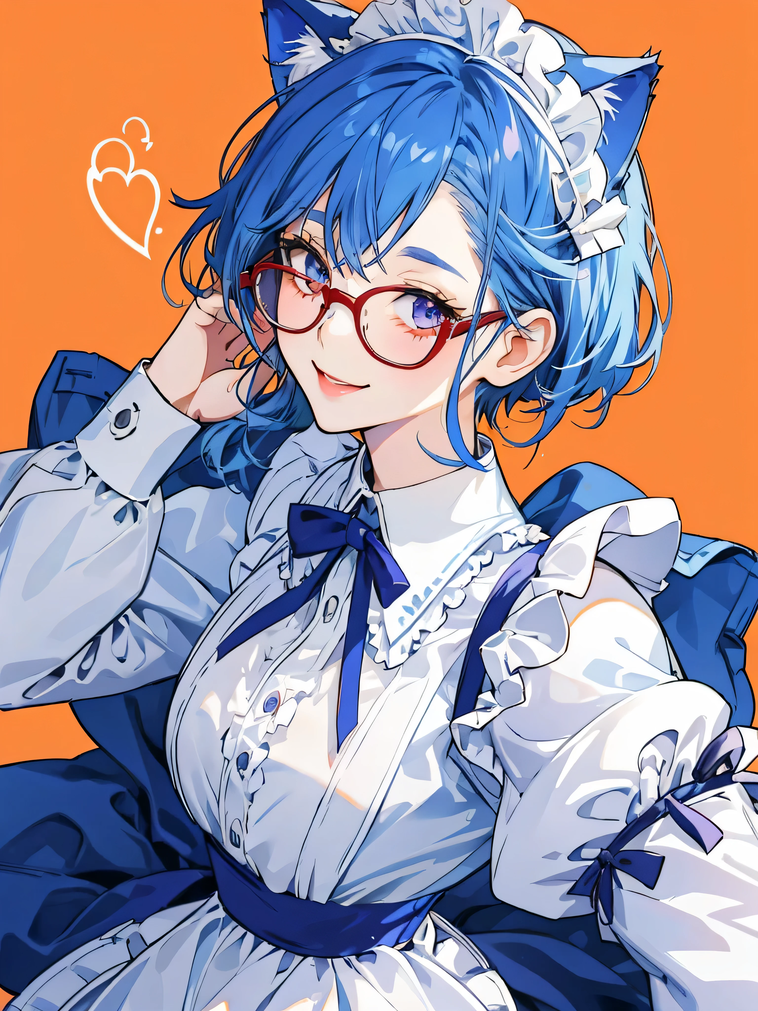 high school student Blue Hair Cat ear Round-rimmed glasses glasses girls cute beautiful girl A little lighter Blue Hair Gradation Big Eyes Well-formed face One girl Beautiful face well-formed body shape Beautiful breasts Just the right size breasts cool cute Adorable Childish vivid background Pop Background Warm background Orange Background Beautiful background Sparkly Background lame smile blush healthy Sexy lips Looking up Watery eyes A seductive gaze, purple mesh in the hair The outfit is a maid outfit The maid outfit has a frilly ribbon and is red. Middle Short Straight Hair Cute hair clip Yurucamp style
