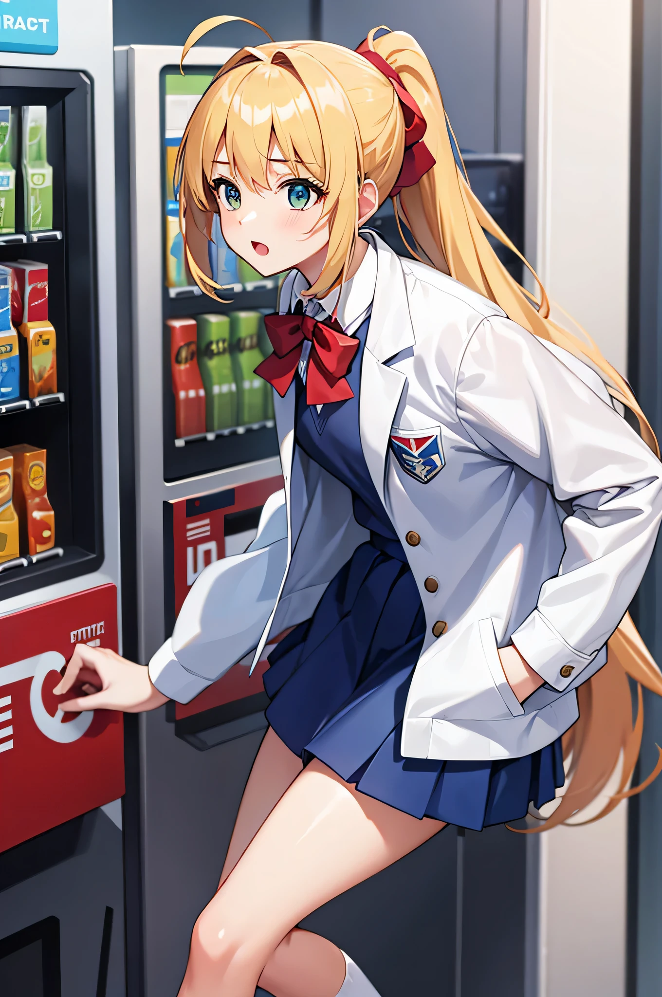 (masterpiece), best quality, highres, 4k, 1girl, solo, nice hands, in1, ponytail, long hair, ahoge, white shirt, , blue skirt, long sleeves, red bow, white socks, green jacket,night,vending machine, hand in pocket,