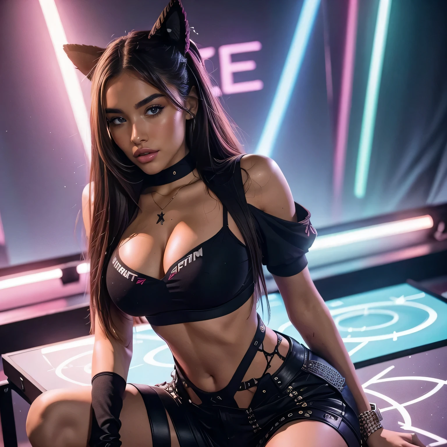 Madison Beer als Fortnite charakter detailliert ultra scharf realistisch (Gaming Girl), Nerd, Gaming, Heels,  Ausschnitt, erotischer Gesichtsausdruck, dunkle Haare, Barbie-Figur, weiblich, 