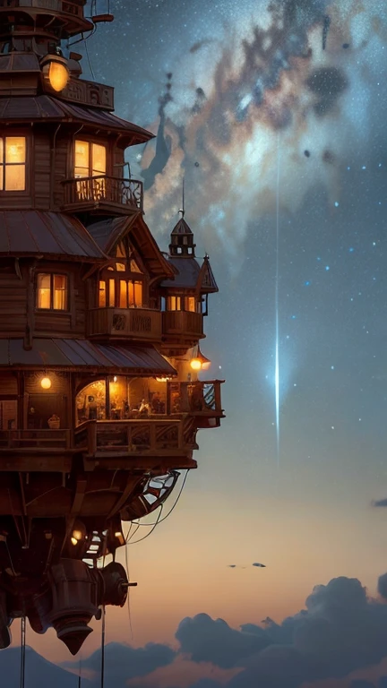 Background picture, starry sky, steampunk, floating building far away