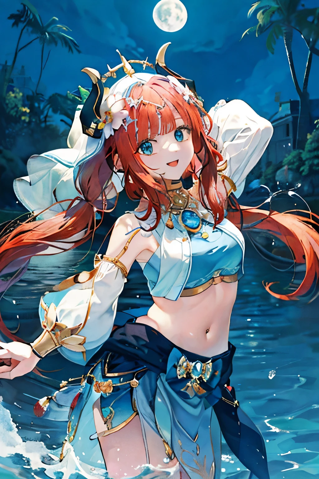 (Realistic painting style:1.1), masterpiece, best quality, absurdres, nilou (neither flower nor mist) (genshin impact), aqua eyes, nilou (genshin impact), fake horns, 1girl, solo, red hair, veil, smile, moon, long hair, crop top, jewelry, horns, night, bracer, brooch, long sleeves, puffy long sleeves, looking at viewer, skirt, bangs, twintails, water, puffy sleeves, sky, neck ring, open mouth, :d, full moon, night sky, flower, harem outfit, gold trim, parted bangs, arm up, breasts, circlet, outdoors, blue skirt, hair ornament, detached sleeves, low twintails, floating hair, gem, hair flower, blue gemstone, hand up, dancer, white headwear, small breasts, stomach, midriff, cowboy shot, blue bow, very long hair, body piercing, belly button ring, navel piercing, navel ring, long navel
