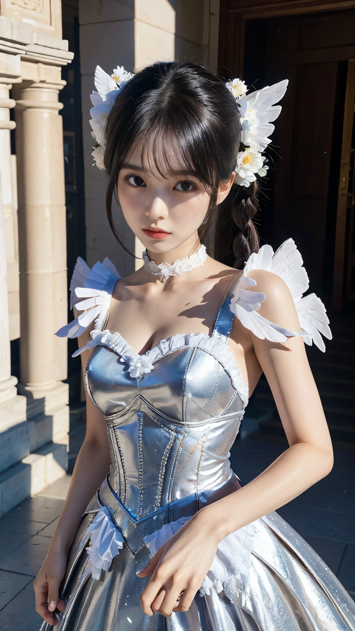 （8K，Best picture quality：1.2），（tmasterpiece：1.37），（photore，realisticlying：1.37），（Ultra-high resolution），((1girll))， [Chinese|Russian|Japanese|Korean]，A half body，(White wings)，Shooting from front，Slow motion，Female paladins dressed in full body，（Light silver armor：1.2），（Gorgeous Lolita costume armor），（insanely details，blooms：1.5），（simulating：1.2），（High- sharpness），（detailedpupils：1.1），detailed faces and eyes，（Highly detailed photo：1.1）， （longblackhair，pony tails，ecstasy：1.1），  realisticlying， Real Shadow， 。.。.3D， （a temple background：1.2），