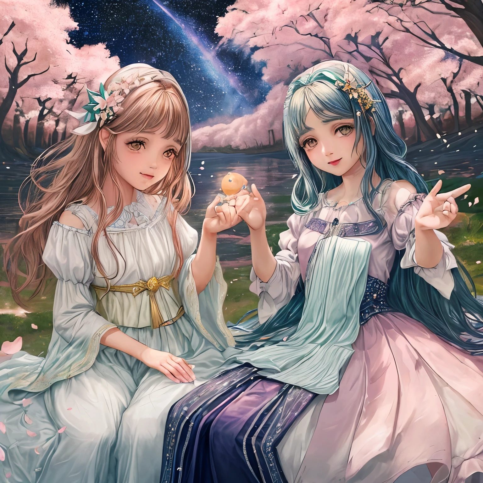 ((Obra maestra:1.5)). This work of art is dreamy.., idyllic and ethereal.., con suaves tonos de acuarela rosa. Create a delicate magical woman by exploring a bubblegum world with a wide variety of pastel shades.... Su dulce rostro es extremadamente detallado y realista con elegancia, rasgos juveniles, y hinchado, labios grandes y deslumbrantes, ojos muy realistas y altamente detallados. Sus ojos son importantes y deben ser hiperrealistas., muy detallado, y hermoso. In high definition and detail, Incluye muchos detalles como estrellas., galaxias, burbujas de colores, colored petals, and lots of energy and excitement! Las estrellas y las coloridas burbujas de chicle son importantes! Incluye detalles elegantes, detalles mejorados, iridiscencia, viento colorido y brillante, y polen. Pay special attention to his face and make sure it looks pretty., detalles realistas... The image must be dreamlike and ethereal....32k, intrincado, elegant, muy detallado, majestuoso, digital photography、Cherry blossom hair accessory、facing forward and smiling、Clear brown eyes