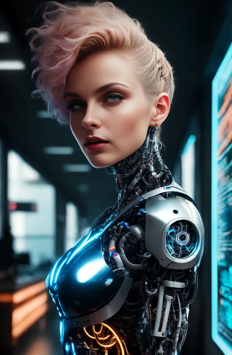 The intimate relationship of a male cyborg and a female cyborg in a skyscraper office in a big city, (best quality, 4k, 8k, highres, masterpiece:1.2), absurdres, masterpiece, beautiful, intricate details, 1/2 body crop, slim body, beautiful figure, magnificent anatomy, (intricate details:1.12), HDR, (intricate details, hyper-detailing:1.15), (natural skin textures, hyper realistic, soft light, sharp:1.2), cyberpunk, futuristic, neon colors, dramatic lighting, urban vibes, technologically advanced, stunning architecture, glossy surfaces, shiny metallic parts, dark shadows, reflections, intense gaze, romantic atmosphere, glowing circuitry, city lights, sleek hairstyles, flawless skin, elegant clothing, state-of-the-art technology.