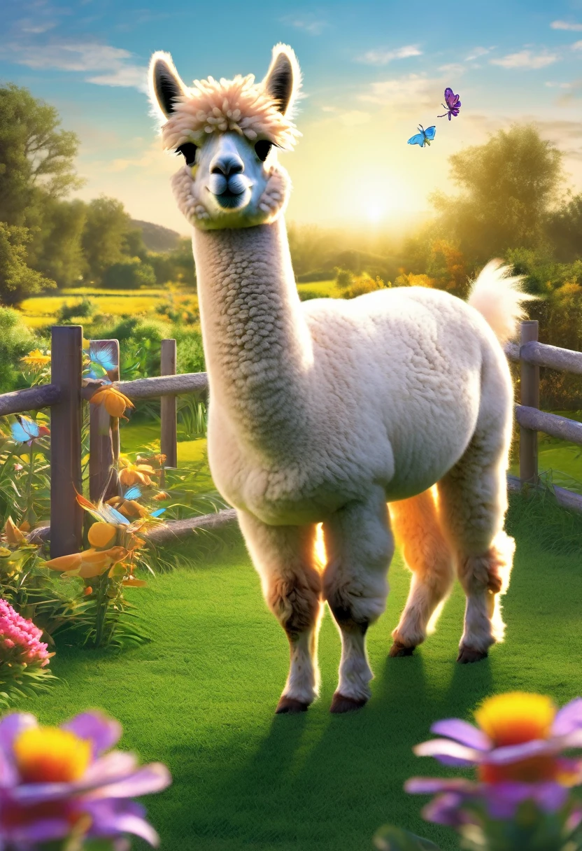 An Alpaca, aesthetic, (best quality,4k,8k,highres,masterpiece:1.2),ultra-detailed,realistic,(photorealistic:1.37),alpaca,cute,playful,expressive,fluffy fur,curious eyes,quirky personality,funny antics,comical poses,joyful atmosphere,vibrant colors,beautifully lit,artistic illustration,whimsical style,lovely garden,scenic background,harmonious composition,natural elements,lush greenery,flowers blooming,colorful butterflies,clear blue sky,sunlit environment,mischievous behavior,exploring surroundings,interacting with objects,random activities,running freely,standing on hind legs,playing with toys,rolling on the grass,eating flowers,making funny faces,enjoying the sunshine,jumping joyfully,raising head and looking around,communicating with other animals,bringing happiness and laughter,spreading positive energy.