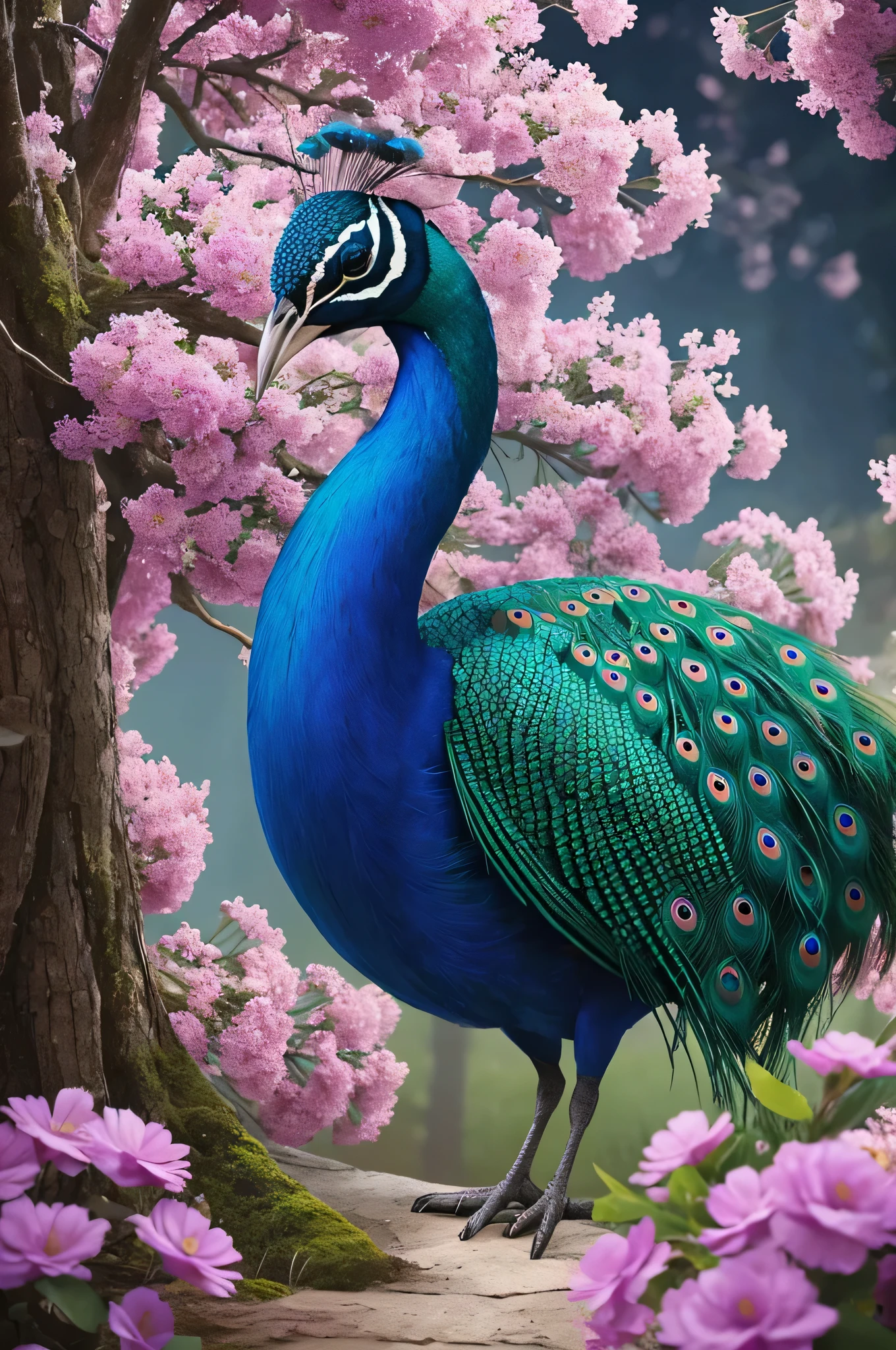 Peacock standing on the branch，background are the flowers, Digital Art by Alexander Kucharsky, Winner of the CGosociety competition, Fantasy Art, Beautiful digital artwork, 4k Highly detailed digital art, 8k high quality detailed art, Highly detailed digital art, Beautiful art UHD 4K, The numbers are very detailed, Highly detailed digital artwork, Beautiful digital art