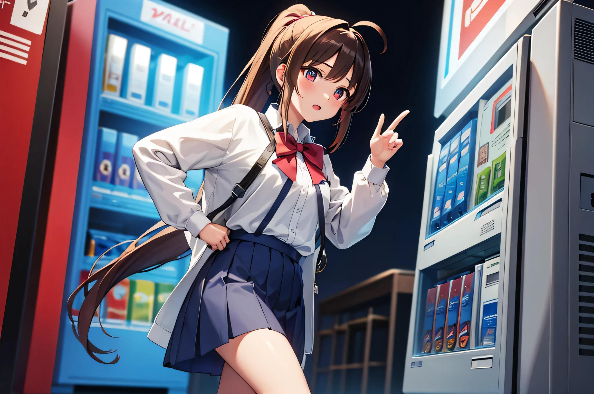 (masterpiece), best quality, highres, 4k, 1girl, solo, nice hands, in1, ponytail, long hair, ahoge, white shirt, , blue skirt, long sleeves, red bow, white socks, green jacket,night,vending machine, hand in pocket,