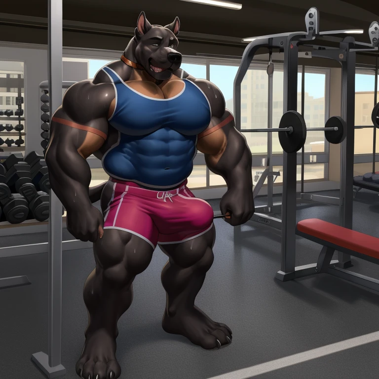 solo, anthro (Neapolitan mastiff, cane corso), full ears, brown and gray skin, detailed eyes, Gym: 1.6, sweat, heavy breathing: 1.5, correct anatomy, biceps, (muscular) thin, veins all over the body, (Normal clothing: 1.2), massive pecs:1.3, massive erection under clothing:1.35, background an abandoned street cars, 8k hd, dark shadows