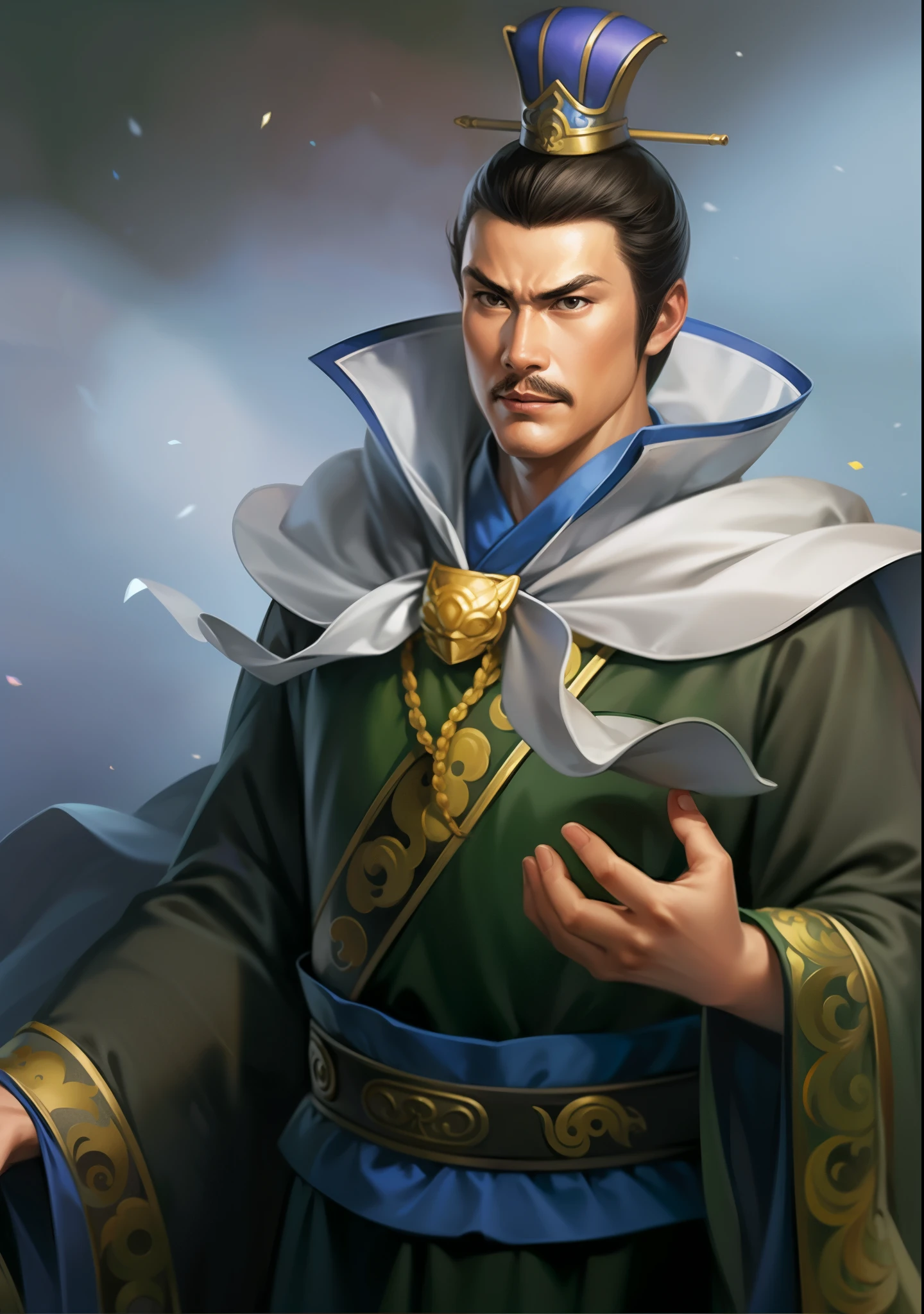 A person wearing clothing、Close-up of man wearing crown on head, inspired by Cao Zhibai, inspired by Wu Daozi, zhao yun, Inspired by Wu Bin, heise jinyao, Inspired by Zhao Yuan, inspired by Guan Daosheng, inspired by Fan Kuan, Inspired by Huang Shen, inspired by Wu Zuoren