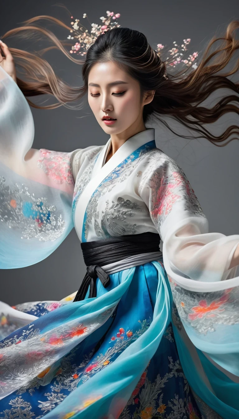 Motion blur, black and white close up, white background, a woman in an intricate and colorful hanbok dress, spinning frantically, translucent stinging air particles on the hem of the dress, professional fashion photography, super macro, unusually rich and super detailed texture of long wavy hair, poster style, minimalist , tilt shiStreet style, beautifully detailed, motion blur, black and white close-up, blue background, a woman in an intricate and colorful hanbok, spinning frantically, translucent tingling air particles on the hem of her dress, professional fashion photography, super macro, long wavy hair with unusually rich and super-detailed textures, poster style, minimalist, tilted movement of hands and face, Nikon, Hasselblad, Canon, Fuji, 16Kft of hands and face, Nikon, Hasselblad, Canon, Fuji, 16K，background：Dark in style of Street photography, beautiful detailed，