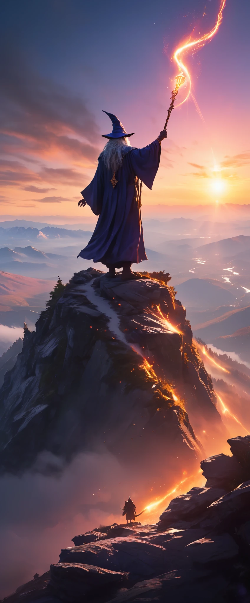 Awesome artwork of a wizard on the top of a mountain, magic text, at dawn, sunrise, Ultra-Wide Angle