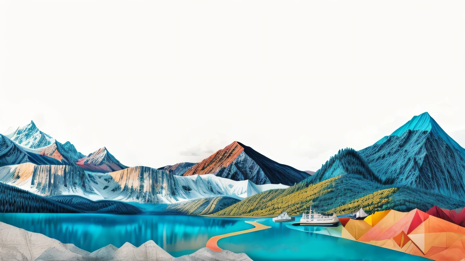 Mountains with a lake and a boat in the middle of them, Digital Collage, Cut Paper collage artwork, Flowing Hills, colored Paper collage, abstract landscape, Mountains, a contemporary artistic collage, Mountainscape, cut-out Paper collage, Contemporary collage, vivid abstract landscape, mountainous, psychedelic landscape, Cyan landscape, peak, behind that turquoise Mountains, Paper collage