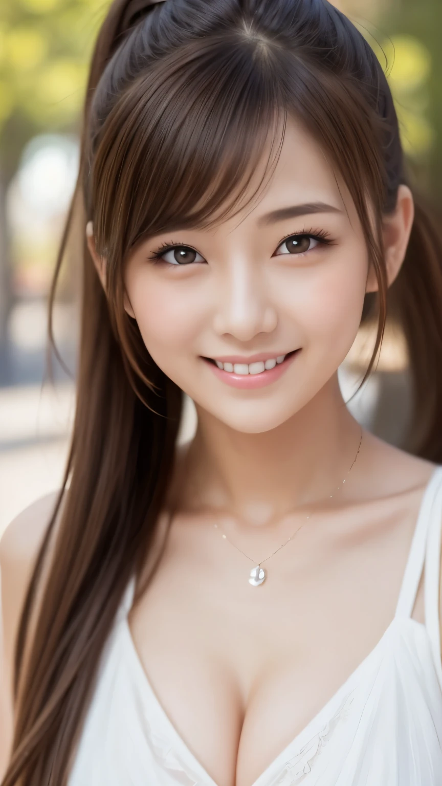 bright表情、Photorealistic:1.32、highest quality、超A high resolution、Photos of the most beautiful Japan girls、Cute and beautiful face details、Small Face、(Purelos Face_V1:0.008)、美しいbangs、、Radiant, fair, glowing skin、Hair gets tangled in the face、顔まで伸びるbangs、bangs、Hair between the eyes、charming brown silky hair、bright、Clear eyes shine charmingly、Dynamic pose、highest quality、Disorganized、((the cutest girl in the world))、Japanese、((Spring dress:1.3))、(ponytail:1.3)、(Tie with a thin white ribbon)、Nice and cute、An innocent smile、nice smile、Cleavage、(big breasts:1.3)、(Jojo pose:1.4)、Side Tail、brown hair、Small waist、Detailed beautiful eyes、View your viewers、Upper Body、Close-up of face、Front view、