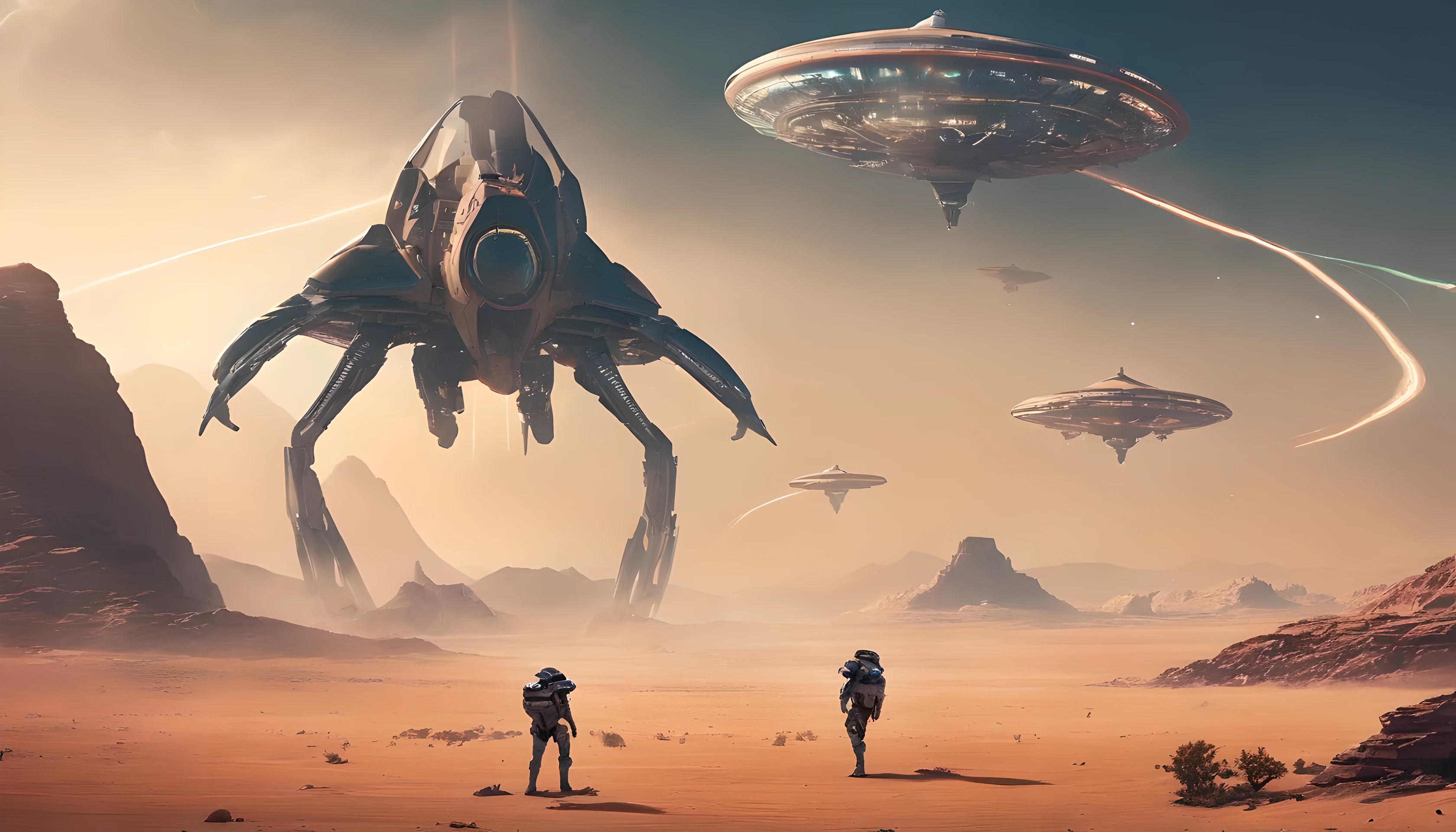 epic war in the middle of the desert. aliens vs gladiators. sky view