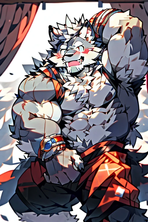 solo, male, werewolf, ((mature and older werewolf with muscular and bulky, burly build)), canine, facial hair covering a black beard, blushing, chest and stomach hair, smiling with happiness, grey fur covering his fluffy body and fluffy legs, splayed legs spread wide, laid on his back, looking directly at the viewer, facing viewer in a passionate and raw display, nude, big penis proudly on display, bedroom setting, by mystikfox61, by darkgem, by glitter trap boy.

This solo male werewolf exudes maturity and power with his muscular build and burly stature. The grey fur covering his body.