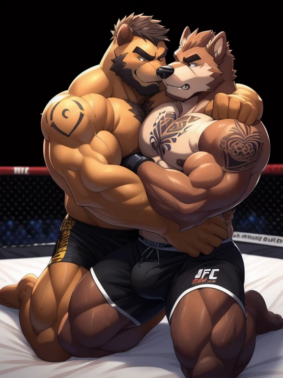 Duo male fighters(Brown Dog vs Brown Dog, handsomes, perfect eyes, Thick eyebrows), beso gay(Cuddling kneeling embraced around his neck from behind, in a bed match), hot(Full body, shirtless), handsomes(They are handsomes, correct anatomy), musculosos(Big muscle bodies, Six packs, muscle abs, big pecs, muscle legs, muscle backs), sweaty(very sweaty wet bodies), tatuajes(they have tattoos), Angry(They have an angry expression), UFC gloves(They both are wearing UFC gloves), Boxers(They are wearing Black boxers, big bulges), Hight resolution, Black background