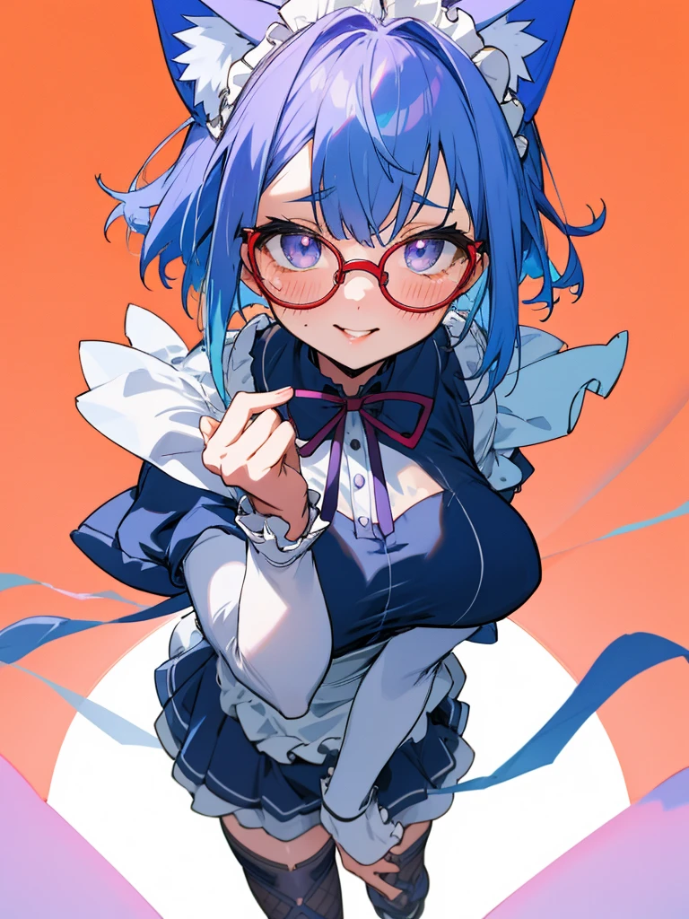 high 　Blue Hair　Cat ear　Round-rimmed glasses　glasses girls　cute　beautiful girl　もう少し薄いBlue Hair　Gradation　Big Eyes　Well-formed face　One girl　Beautiful face　well-formed body shape　Beautiful breasts　Just the right size breasts　cool　cute　Adorable　Childish　vivid background　Pop Background　Warm background　Orange Background　Beautiful background　smile　blush　healthy　Sexy lips　Looking up　Watery eyes　A seductive gaze, purple mesh in the hair　The outfit is a maid outfit　　The maid outfit has a frilly ribbon and is red.　Middle Short　Straight Hair　cute髪留め　　Yurucamp style　