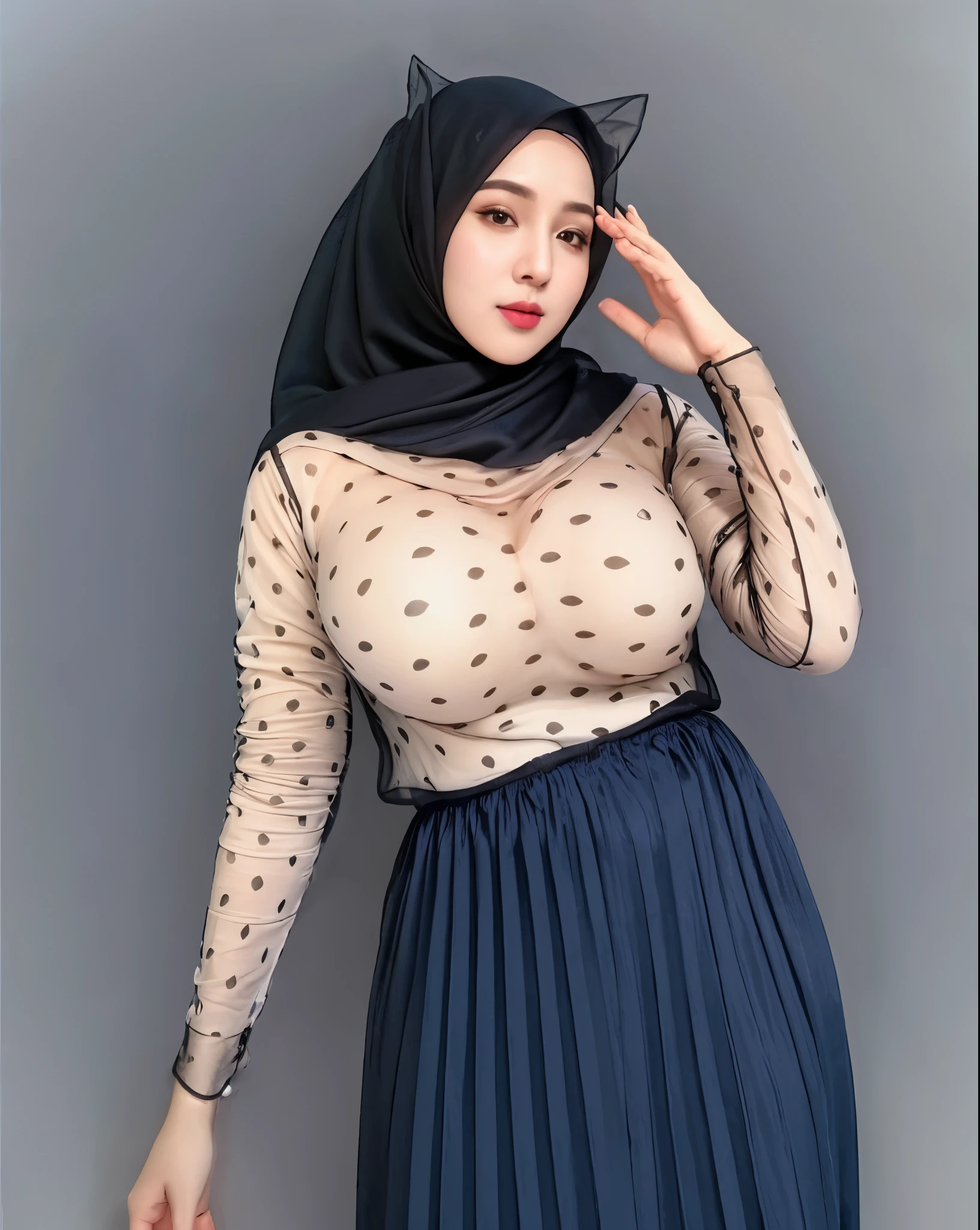 RAW photo of a 24 year old girl wearing hijab, satin abaya sexy sea foam   , satin, hijab face portrait,((tp background)), 8k uhd, dslr, soft lighting, high quality, film grain, Fujifilm XT3, covered dress, patterned dress, ((gigantic breasts:1.5)) , (detailed nipple) 