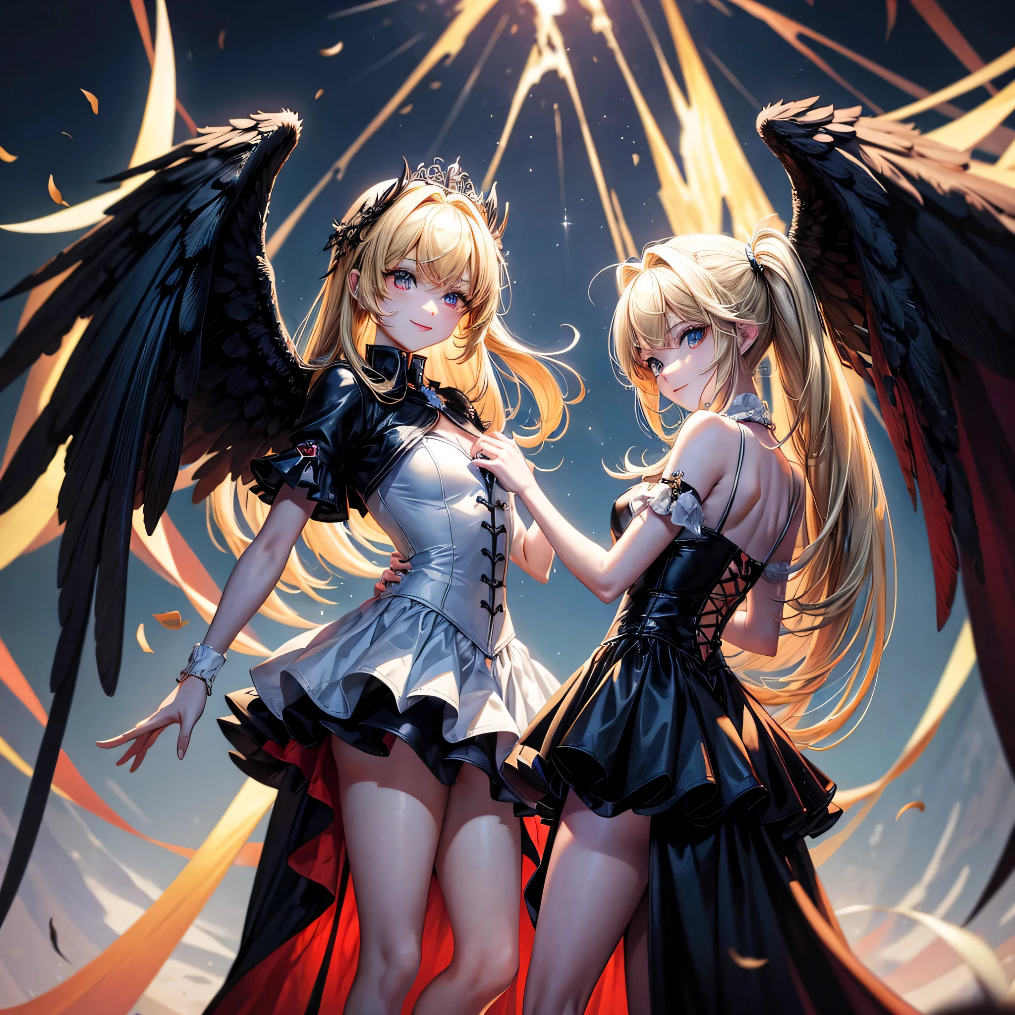 (masterpiece, best quality, anime colored, 16k), break, (two blonde hair fallen Angel) (a long hair fallen angel girl, evil:1.4 smile, black biggest wings with back, black love eyes, in a black Fallen Angel Robe) and (a bob short hair evil angel girl, love smile, red biggest wings with back, in a blood angel robe), break, (the background is hell).