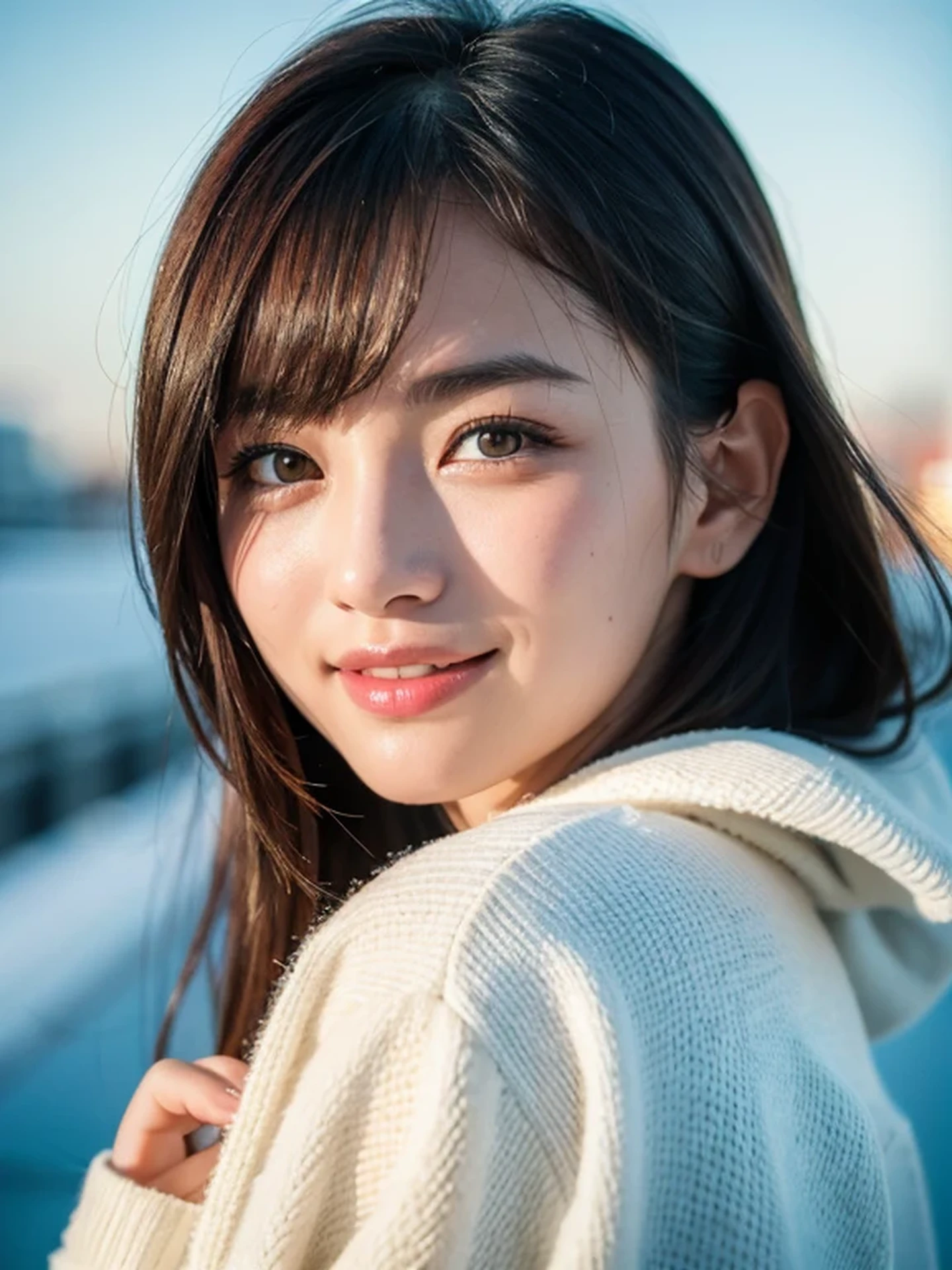 masterpiece, Best Quality, Raw photo, 8K, ultra-detailed face, 1girl, Close-up, Beautiful detailed skin, backlight, soft light, bashful, (shoot from front:1.2), happy smile, open your mouth to say something, Luminescent, Anatomically correct, Medium hair, bangs, hair blown by the wind, Eyes and faces with detailed, Textured skin, Professional Photography, Bokeh, Portrait, Professional Lighting, Solo, Cute, Girly, Film grain, A world of ice, warm clothes to survive the cold winter,