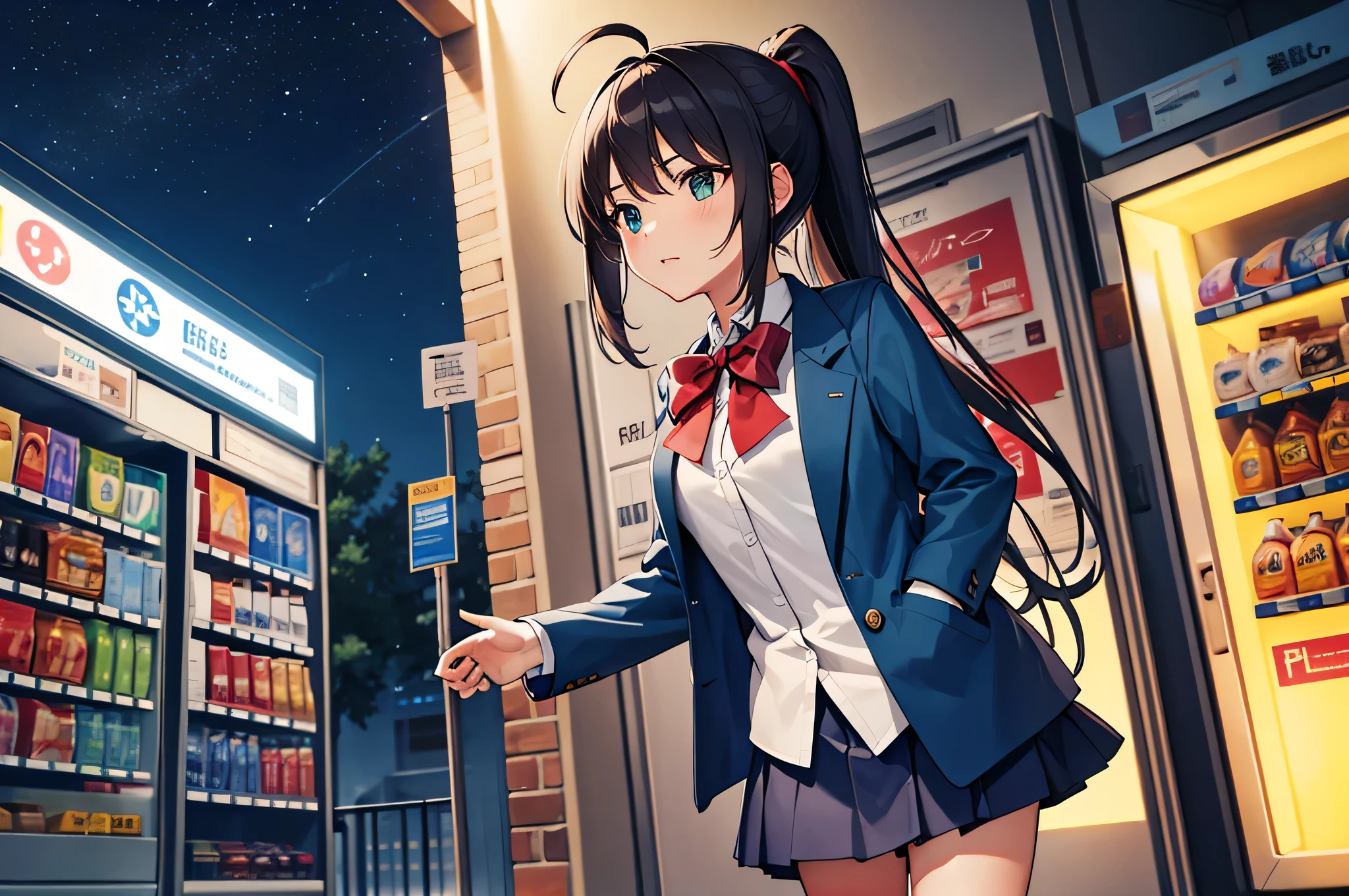 (masterpiece), best quality, highres, 4k, 1girl, solo, nice hands, in1, ponytail, long hair, ahoge, white shirt, , blue skirt, long sleeves, red bow, white socks, green jacket,night,vending machine, hand in pocket,