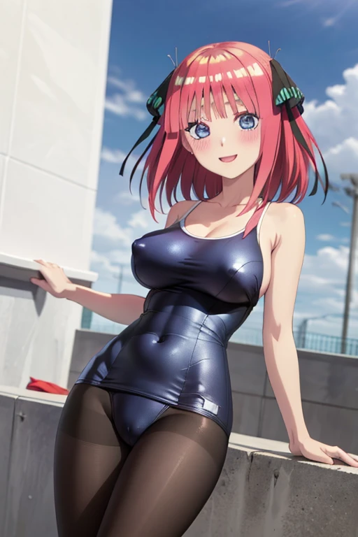 best quality, ultra-detailed masterpiece, anime art style, cute characters, nino nakano, one-piece swimsuit, large breasts, pantyhose, blush, smile, nipple