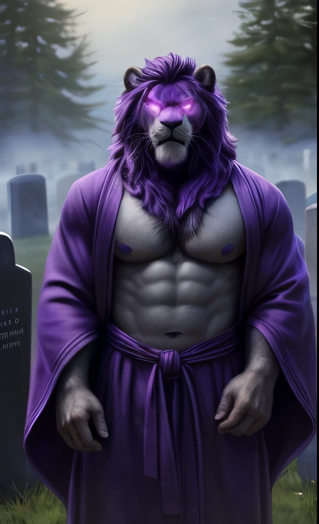 Gray Lion, Lion, anthro, portrait, (((full body portrait))), (open robe), (((purple robes))), showing chest, (((purple fur))), (((purple chest))), (((purple hair))), (((purple body))), (((purple mane))), (ghostly fire), (((will-o-wisp))), (specters), big mane, purple eyes, (((glowing eyes))), bodybuilder body, male, (nipples), solo, adult, abs, big pecs, huge muscles, looking at viewer, front, detailed face, extending arms pose, beautiful eyes, muscular chest, muscular pecs, muscular face, beefy, (((cemetery background))), (((mist background))), ((evil face)), by bruteandbrawn, by personalami, by kenket, (intricate, high detail, film photography, soft focus, RAW candid cinema, photorealism, realistic, photorealistic, analog style, subsurface scattering, masterpiece, best quality, ultra realistic, 8k)