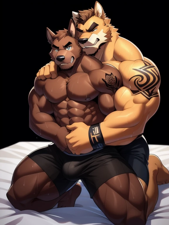 Duo male fighters(Brown Dog vs Brown Dog, handsomes, perfect eyes, Thick eyebrows), beso gay(Cuddling kneeling embraced around his neck from behind, in a bed match), hot(Full body, shirtless), handsomes(They are handsomes, correct anatomy), musculosos(Big muscle bodies, Six packs, muscle abs, big pecs, muscle legs, muscle backs), sweaty(very sweaty wet bodies), tatuajes(they have tattoos), Angry(They have an angry expression), UFC gloves(They both are wearing UFC gloves), Boxers(They are wearing Black boxers, big bulges), Hight resolution, Black background