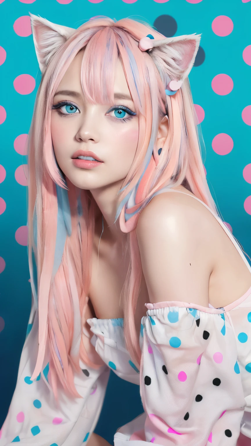 Female imp with rainbow pastel hair, pale skin, pastel rainbow small horns located on the forehead, pastel rainbow puffy dress, large breasts, doll-like appearance 