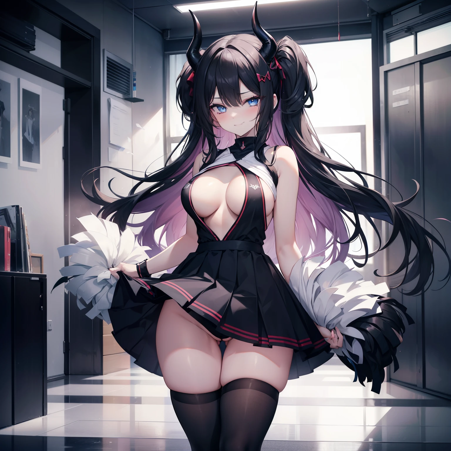 seductive lady with ample bosomwearing slutty cheerleading uniform, devil horns, black color scheme, black hair, blue eyes, smirk, standing