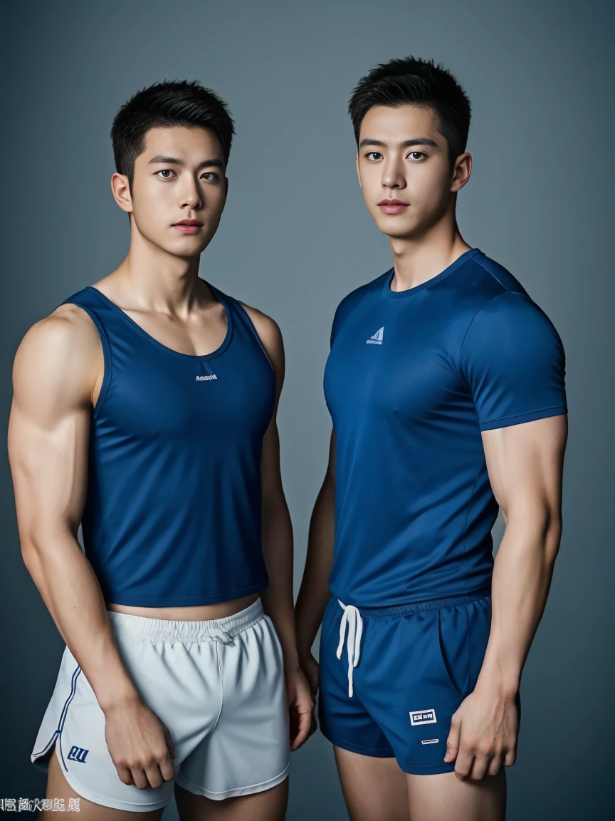 Two firefighters in their 20s，Full chest muscles，Has short black hair， blue eyes，Sexy and charming expression，Wear white training clothes、Blue shorts, 大包Convex显亮点，Convex，high resolution, masterpiece, best quality, head:1.3,((Hasselblad Photo)), Delicate skin, Stay focused, (Movie Lighting), night, soft light, Dynamic angle, [:(Delicate face:1.2):0.2],(((exercise))), kinetic, Arm muscles are big, hands on hips.