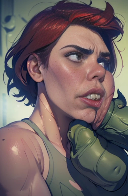 ((Scarlett Johansson)), ((black widow)), High school, brown short hair, big breasts, thick thighs, white panties, pulling panties up, skinny, (((she is brutally slapped in the face by realistic hulk’s penis:1.2))), (((hit in cheek))), (((woman body view:1.2))), ((panty))), (((women beaten by realistic insanely big penises))), (((penis deformed by the violent impact:1.2))), (((sweaty skin)))