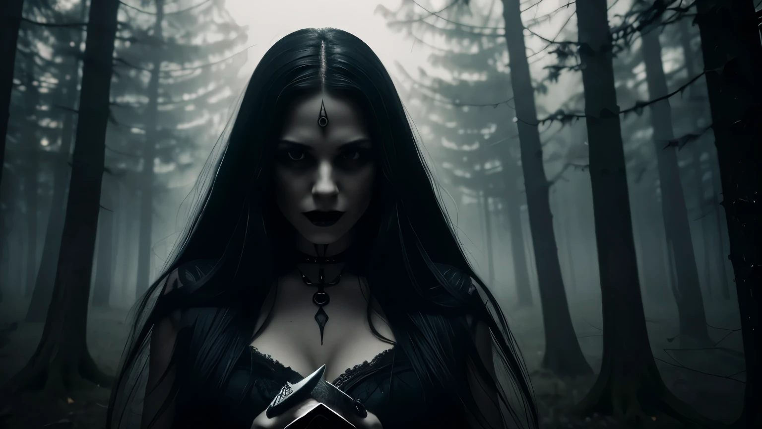 (highres:1.2),dark,frightening woman holding a severed head in her left hand and wielding a large knife in her right hand, laughter, detailed woman's face, detailed expression, gothic-style, long hair, piercing eyes, beautiful detailed lips, creepy atmosphere, misty mystical forest in the background, eerie lighting
