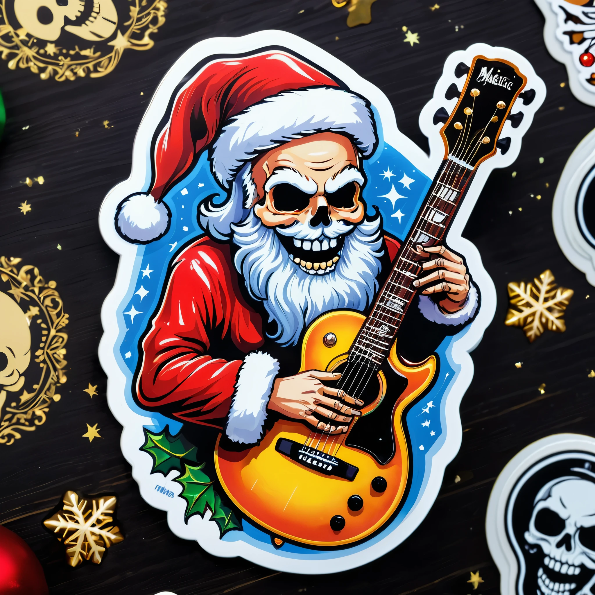 (Top down view of stickers on table). | A masterpiece with maximum resolution of 16K. | Majestic stickers ((Lich Santa)) Plucking the strings of an electric guitar with a skull face. | Vibrant glowing color ribbons, Heat dissipation ((Strong magical energy)) Illuminates the scene. | (Gothic Christmas Charm). | more_detail