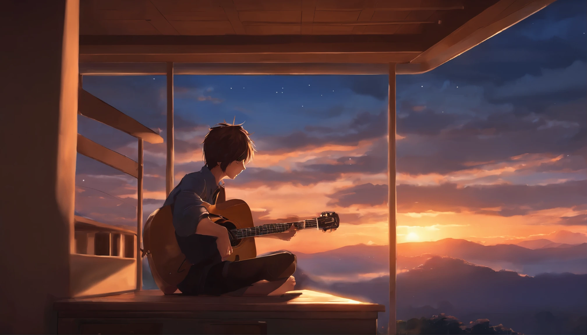 Anime boy sitting on the shelf and playing guitar at sunset, Anime Art Wallpapers 8K, anime art wallpaper 4k, anime art wallpaper 4k, 4k anime style, 4k anime wallpaper, 4k anime wallpaper, 4k anime wallpaper, Wallpaper Manga 4K Wallpaper, Makoto Shinkai Cirilo Rolando, Girl playing guitar, Loffy Boy