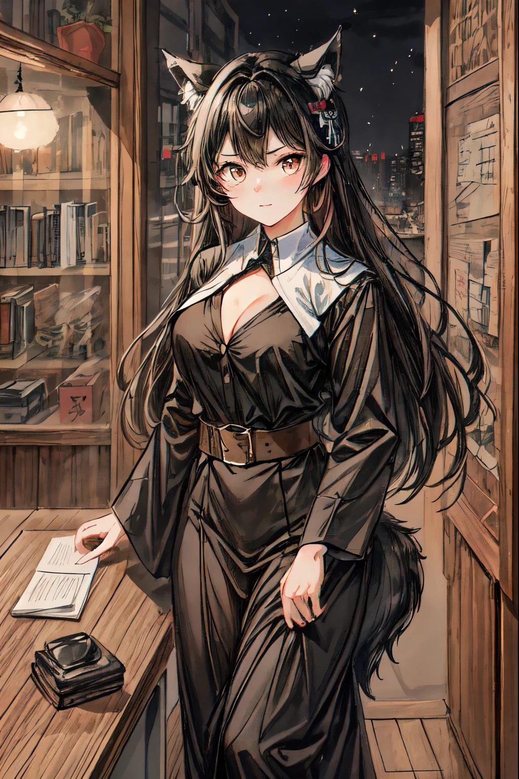 Realistic, 4K, high quality, kawaii, Graceful, 1 girl, solo, Long hair, wolf cut, bangs, hair ornament, Brown eyes, close view, from adove, serious, Night in office, In the 90s, 20 years old, Black Female director's office uniform, Medium breasts, BREAK  half body with Background Style lora, (canvas.1:0), (oil painting.1:0)