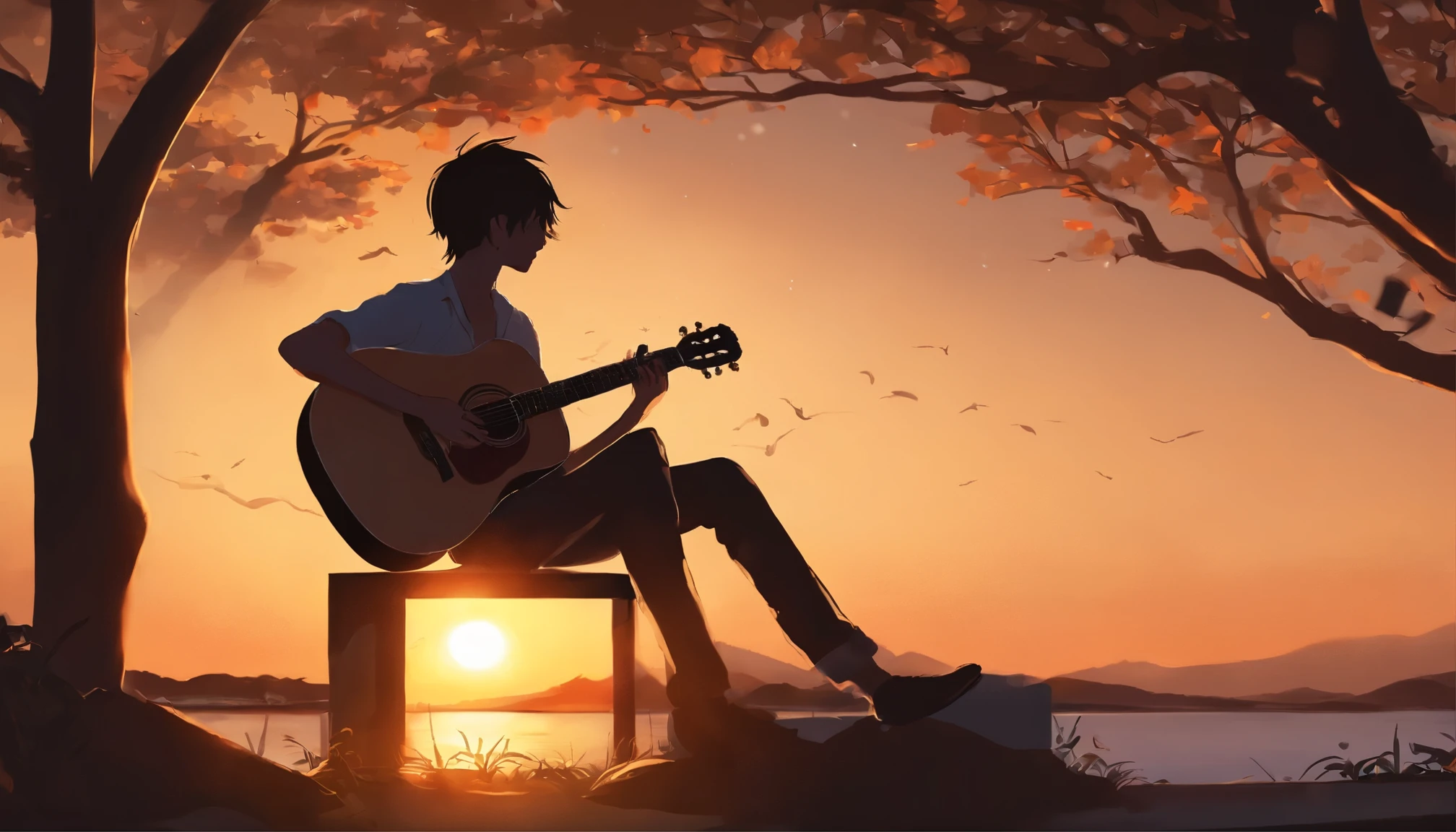 Anime boy sitting on the shelf and playing guitar at sunset, Anime Art Wallpapers 8K, anime art wallpaper 4k, anime art wallpaper 4k, 4k anime style, 4k anime wallpaper, 4k anime wallpaper, 4k anime wallpaper, Wallpaper Manga 4K Wallpaper, Makoto Shinkai Cirilo Rolando, Girl playing guitar, Loffy Boy