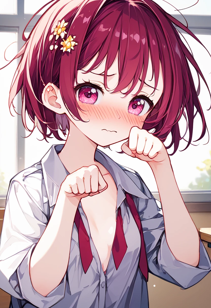 Tabletop, highest quality, Iris、Japanese Ido、(16-year-old girl:1.5)、(Embarrassed look:1.3) 、(High school girl's messy uniform:1.5)、(Cute pose:1.6)、(Small breasts)、(Smooth shortcuts:1.7)、Very white skin、Let your bangs down、Detailed body、Detailed hand、No makeup