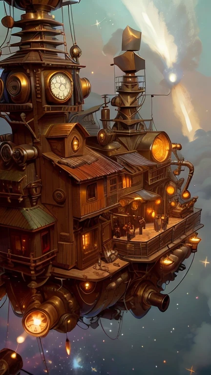 Background picture, starry sky, steampunk, floating building far away, (propeller), gear, pipe, bulbs 