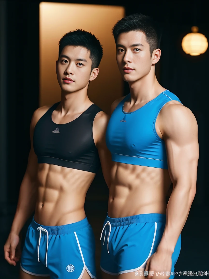 Two firefighters in their 20s，Full chest muscles，Has short black hair， blue eyes，Sexy and charming expression，Wear white training clothes、Blue shorts, 大包Convex显亮点，Convex，high resolution, masterpiece, best quality, head:1.3,((Hasselblad Photo)), Delicate skin, Stay focused, (Movie Lighting), night, soft light, Dynamic angle, [:(Delicate face:1.2):0.2],(((exercise))), kinetic, Arm muscles are big, hands on hips.