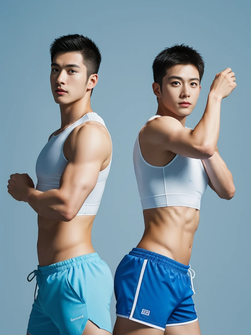 Two firefighters in their 20s，Full chest muscles，Has short black hair， blue eyes，Sexy and charming expression，Wear white training clothes、Blue shorts, 大包Convex显亮点，Convex，high resolution, masterpiece, best quality, head:1.3,((Hasselblad Photo)), Delicate skin, Stay focused, (Movie Lighting), night, soft light, Dynamic angle, [:(Delicate face:1.2):0.2],(((exercise))), kinetic, Arm muscles are big, hands on hips.