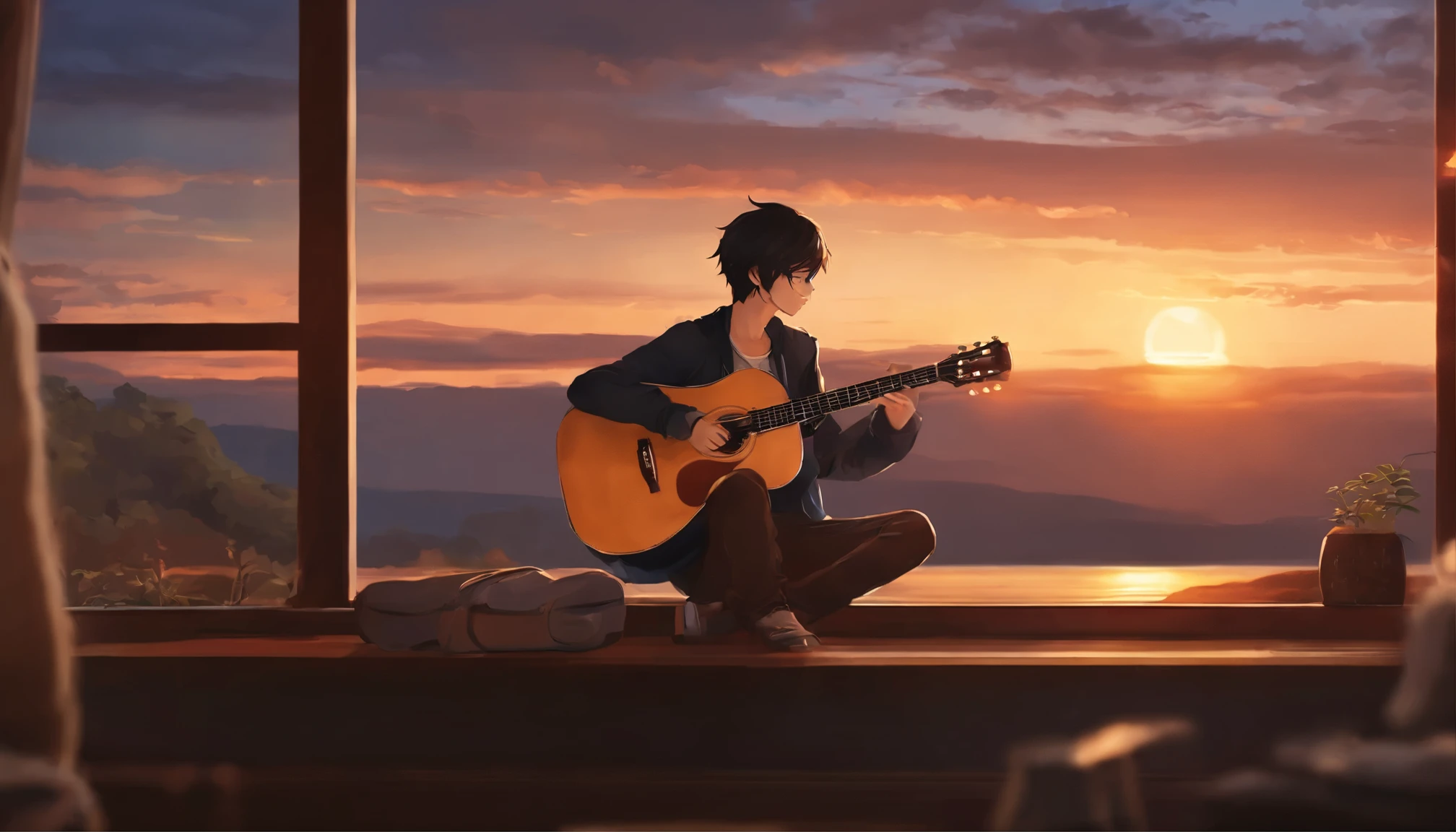 Anime boy sitting on the shelf and playing guitar at sunset, Anime Art Wallpapers 8K, anime art wallpaper 4k, anime art wallpaper 4k, 4k anime style, 4k anime wallpaper, 4k anime wallpaper, 4k anime wallpaper, Wallpaper Manga 4K Wallpaper, Makoto Shinkai Cirilo Rolando, Girl playing guitar, Loffy Boy