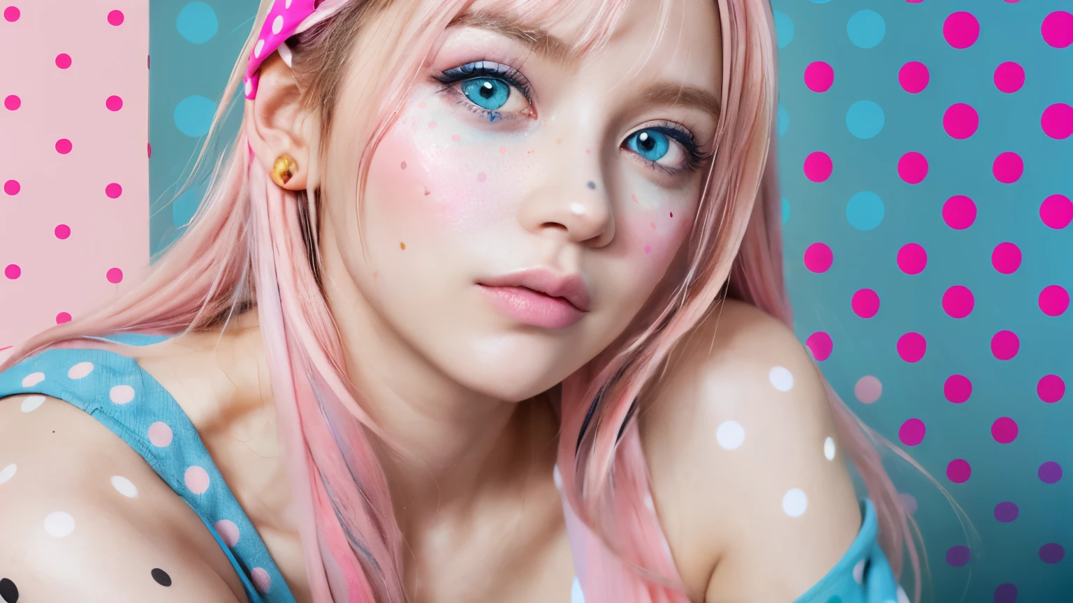 masterpiece, highest quality, 4K, Realistic, Bokeh, Awareness-raising,1 perfect portrait of a girl, (A fascinating eye for perfect detail:1.2), Colorful Hair, (Gradient Hair), (Blue and pink soft long hair:1.6), (Cat ear:1.2), (Exposed bare shoulders), (Long-term alienation sleeve), (lean forward a little), Tilt your head, Cinema Lighting, (seductive pose:1.4), (Blue and pink polka dot background:1.6), Beautiful bright blue eyes, close,Line art