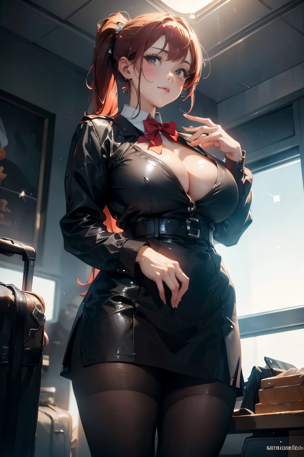 (masterpiece), best quality, best quality, Detailed and complex, The original,high resolution,
(),Very detailed_Eye, Sexy,Chest,
(Eyeliner:0.5),(blush:0.5), Red hair,Simple Diamond Earrings,delicate skin, Ponytail,
Show Viewer, A faint smile, nail,
((Stewardess black)), (Black pantyhose:1.1), Black high heels, Black skirt , Bring suitcases, At the airport
(Written border depth:1.1),:0.1,Practical:1.3,
(Ambient Light:1),(Film composition:1.3), (best quality, high resolution, Practical, The original, 8k,masterpiece, ),best quality, masterpiece8k.HDR. High Rib:1.2, Film Grain, blurry bokeh:1.2, lens flare, (Vibrant colors:1.2), (Beautifully),((Huge breasts)),凹槽显露出The original皮肤