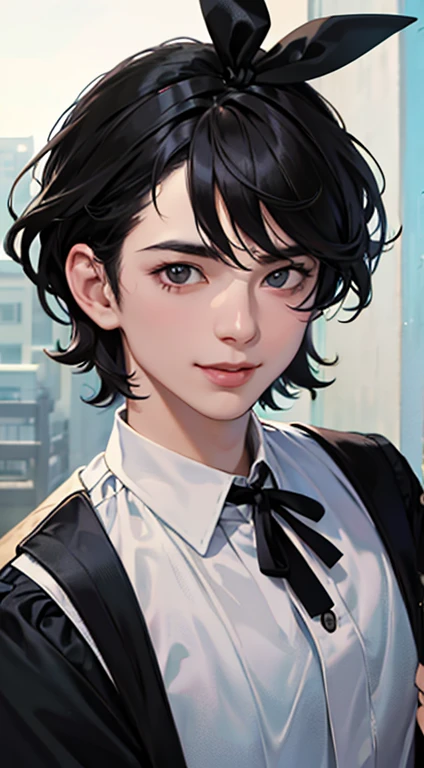ahoge, black hair, hair over shoulder, ribbon, eyeball, seductive smile, chiaroscuro, drop shadow, dithering, Fujicolor, Social realism, lens flare, three sided view, UHD, highres, anatomically correct 