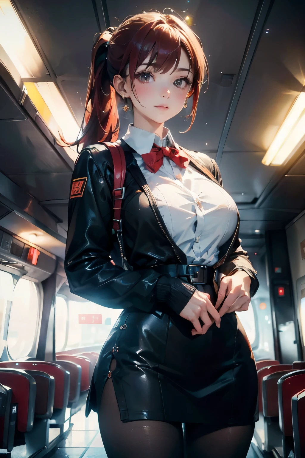 (masterpiece), best quality, best quality,  Detailed and complex, The original,high resolution,
(16 years old),Very detailed_Eye, Sexy,Chest,
(Eyeliner:0.5),(blush:0.5), Red hair,Simple Diamond Earrings,delicate skin,  Ponytail, 
Show Viewer, A faint smile, nail, 
((Stewardess black)), (Black pantyhose:1.1), Black high heels, Black skirt , Bring suitcases, At the airport
(Written border depth:1.1),:0.1,Practical:1.3,
(Ambient Light:1),(Film composition:1.3), (best quality, high resolution, Practical, The original, 8k,masterpiece, ),best quality, masterpiece8k.HDR. High Rib:1.2, Film Grain, blurry bokeh:1.2, lens flare, (Vibrant colors:1.2), (Beautifully),（（Huge breasts）），凹槽显露出The original皮肤