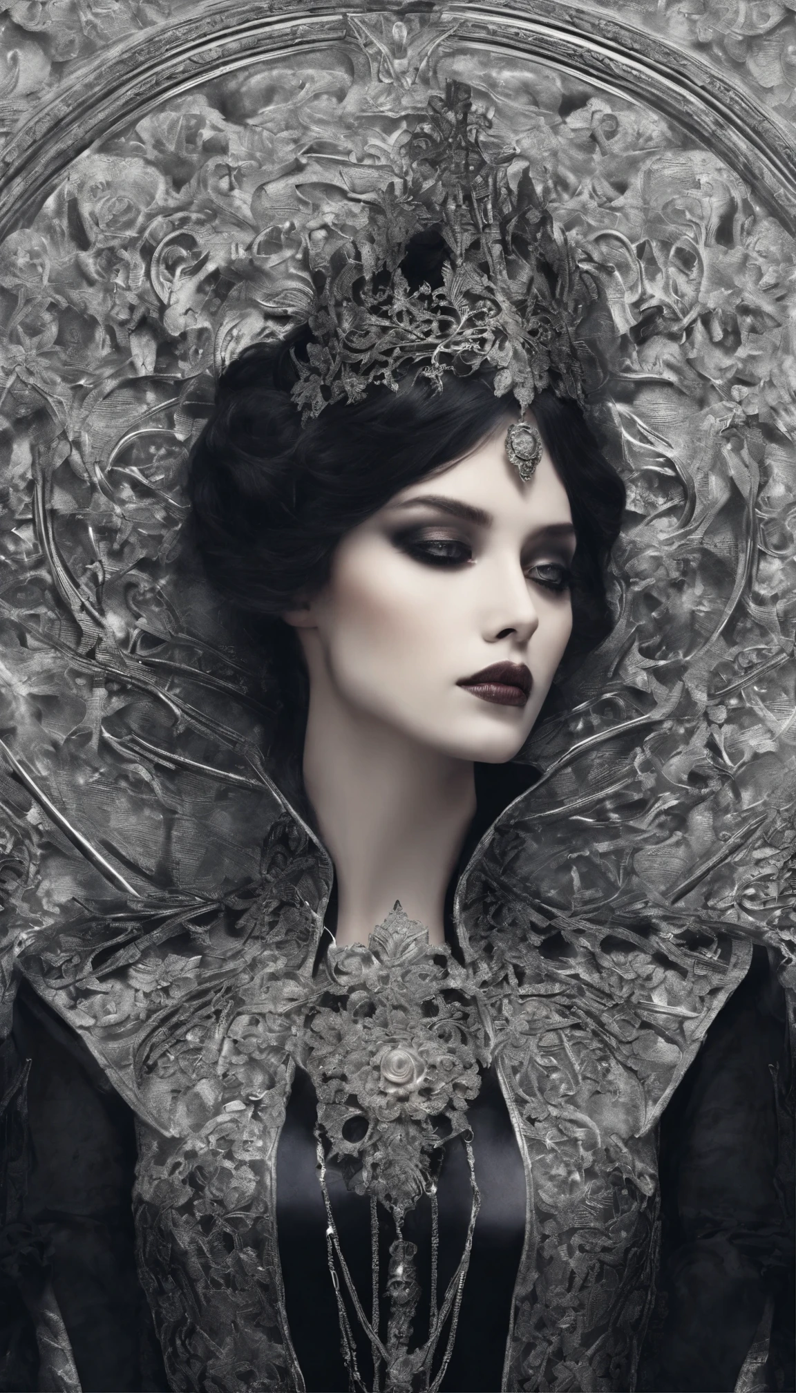 Black and silver tones、Hell、purgatory、Mozart's Requiem、Mystical、horor、gotik、darkness、karo、badas、epidemic、ruler、Pitch Black Darkness、hopelessness、lamentation、oppression、nothingness、intense cold、Black Ghost、Adult female mature woman in her 40s、Queen of the Dead、Persephone、lilith、hades、Greatest awe、immortal、draconian、dignity、Awe-inspiring Hall々、Proud、noble、dignity、solemnity、Bewitching、accomplishment、hatred、obsession、jewely、ruthless、greed、Lack of warmth、3-point live method、Oil Painting、Best Quality、hight resolution、foco nítido、Perfect Angle、Perfect shadow representation、perfect-composition、From Side、Portrait of Queen D,Highly detailed footage of the Queen of the Dead,Stunning portrait of the Queen of the Exparted,Portrait of the Queen of the Dead,Queen of the Dead Full Body