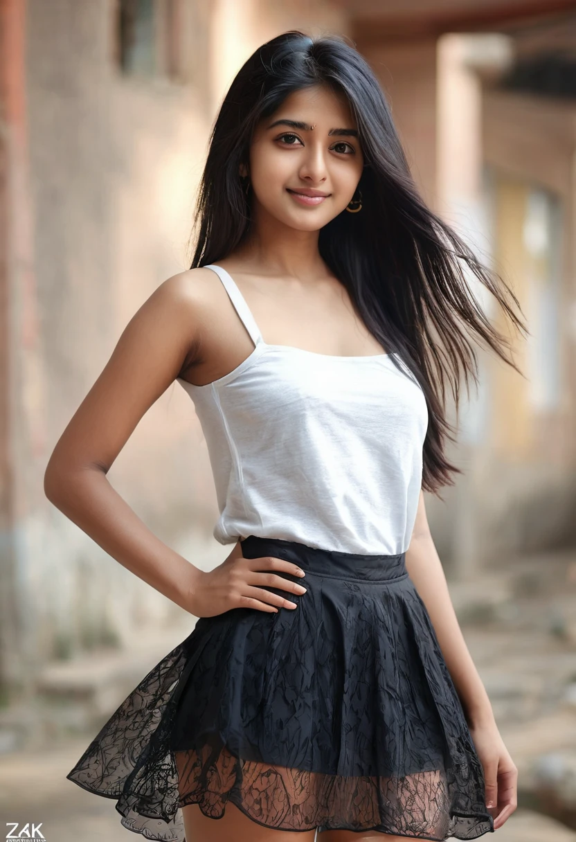18 years old female, Indian long hair, RAW photo, bokeh (realism: 1.4, realistic), high detail CG unified 8K wallpaper, 1girl, ((slim body: 1)), (medium breasts: 1), back to viewer, ((direct view from the front)), (HQ skin: 1.4), 8k uhd, dslr, soft light, high quality, film grain, Fujifilm XT3, (( uniform, short skirt,see through open skirt:1.5)), ((in ))) jangjoo, portrait,((, black hire, medium breast:1.2)),(looking at viewer:1.4),(full body:1.8) happy smile