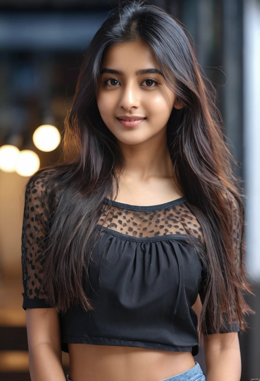 18 years old female, Indian long hair, RAW photo, bokeh (realism: 1.4, realistic), high detail CG unified 8K wallpaper, 1girl, ((slim body: 1)), (medium breasts: 1), back to viewer, ((direct view from the front)), (HQ skin: 1.4), 8k uhd, dslr, soft light, high quality, film grain, Fujifilm XT3, (( uniform, short skirt,see through open skirt:1.5)), ((in ))) jangjoo, portrait,((, black hire, medium breast:1.2)),(looking at viewer:1.4),(full body:1.8) happy smile