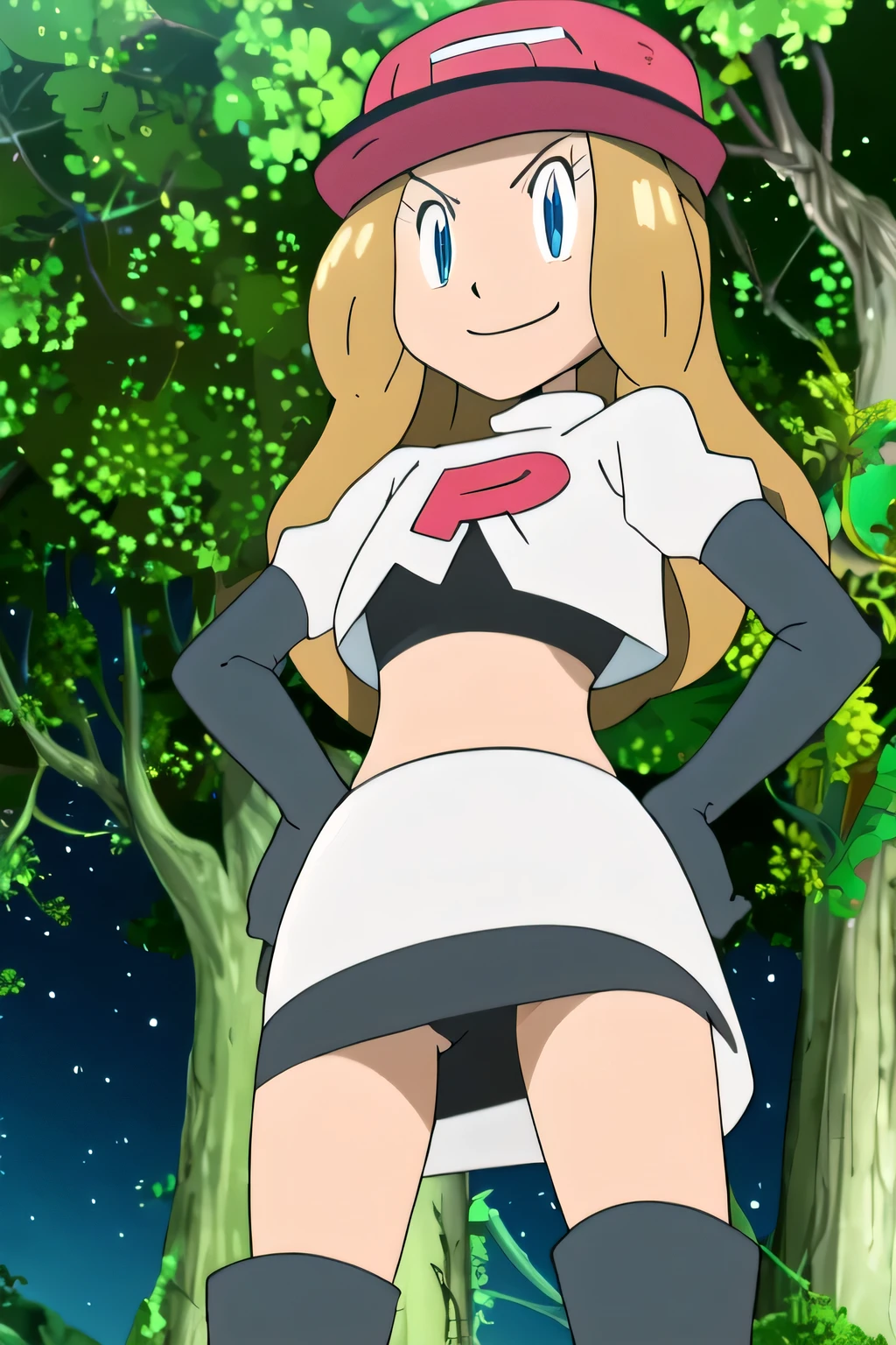 masterpiece, best quality, highres, 1girl, solo, serena (pokemon), pink headwear, red skirt, black shirt, bare shoulders, looking at viewer, closed mouth, solo, night sky, forest, arms behind head, contrapposto, spread armpits, closed mouth, smile, (cowboy shot: 1.3), high quality,8k, masterpiece,highres,team rocket uniform, red letter r, white skirt,white crop top,black thigh-high boots, black elbow gloves, glaring angrily, looking down at viewer, hands on hips, cowboy shot, zettai ryouiki,from below, black panties,anime style, vivid colors, sharp focus, intense lighting,